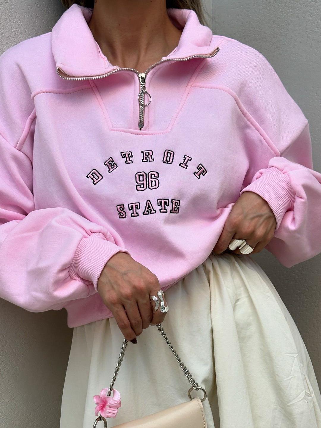 Women's Retro Detroit 96 Letter Embroidery Half Zip Sweatshirt Oversized Long Sleeve Cotton Blend Pullover Casual Streetwear Top