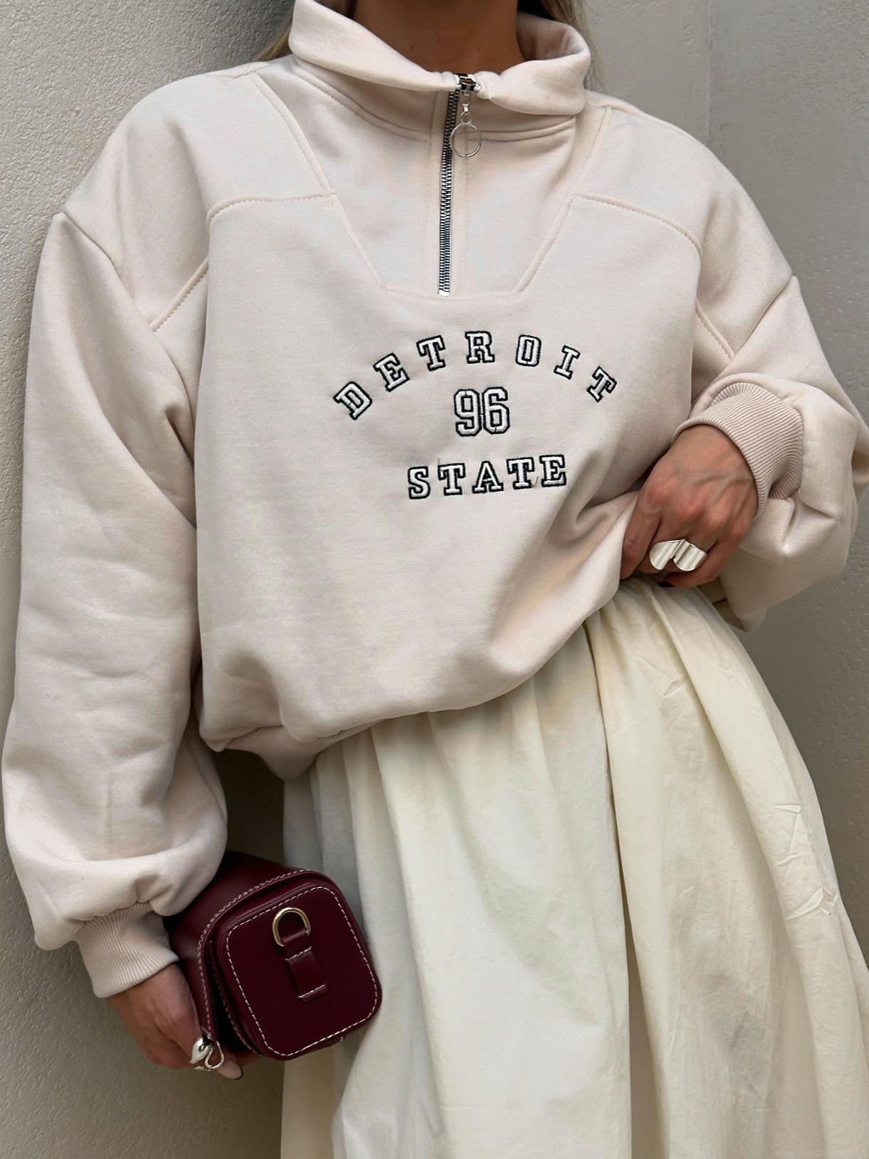 Women's Retro Detroit 96 Letter Embroidery Half Zip Sweatshirt Oversized Long Sleeve Cotton Blend Pullover Casual Streetwear Top