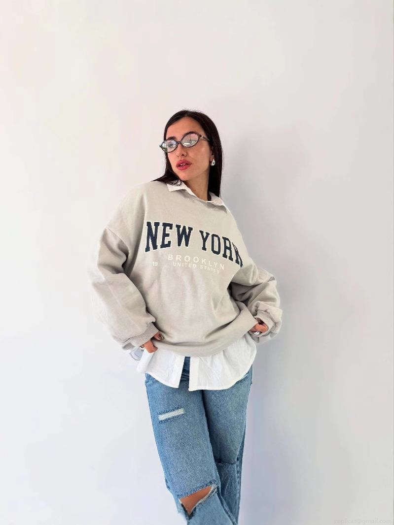 Women's American Retro Letter Print Sweatshirt 95% Cotton Loose Fit Crew Neck Long Sleeve Pullover New York Brooklyn Graphic Streetwear Daily Casual Jumper Tops