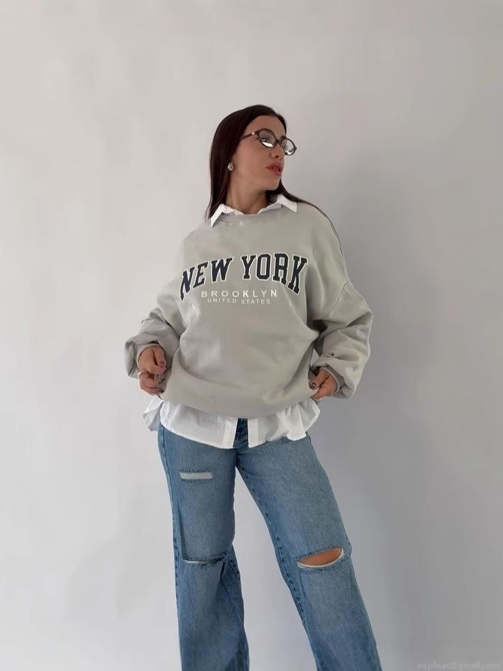 Women's American Retro Letter Print Sweatshirt 95% Cotton Loose Fit Crew Neck Long Sleeve Pullover New York Brooklyn Graphic Streetwear Daily Casual Jumper Tops