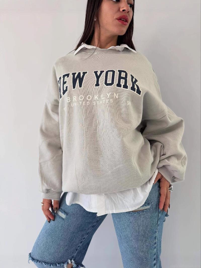 Women's American Retro Letter Print Sweatshirt 95% Cotton Loose Fit Crew Neck Long Sleeve Pullover New York Brooklyn Graphic Streetwear Daily Casual Jumper Tops