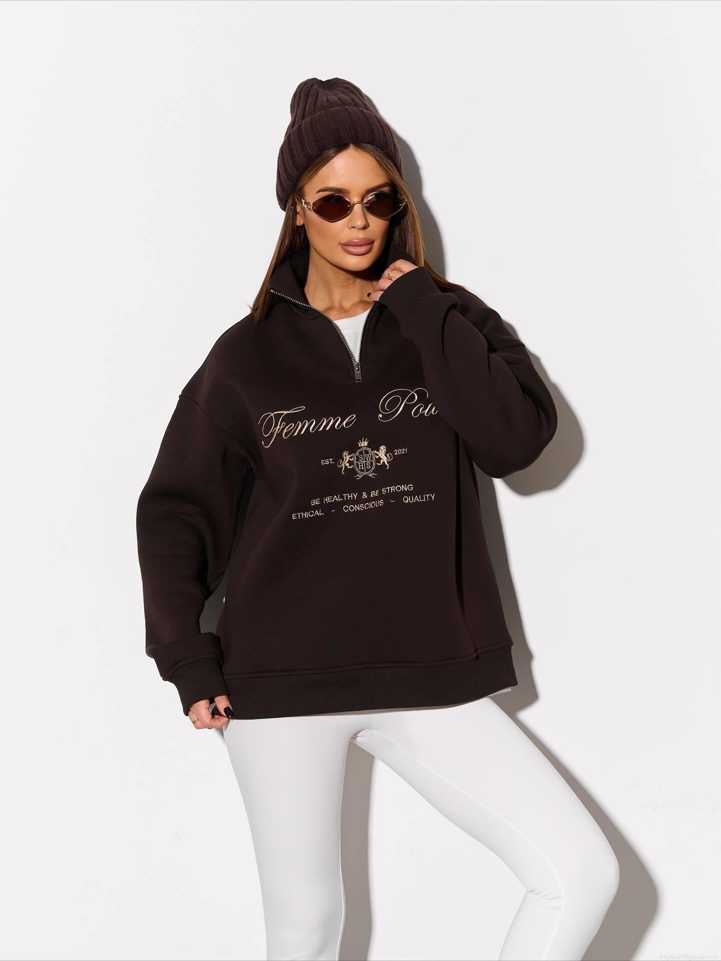 Women's Half-Zipper Sweatshirt Cotton Blend Letter Embroidered Loose Fit Long Sleeve Casual Streetwear Pullover Top Femme Power Slogan Apparel