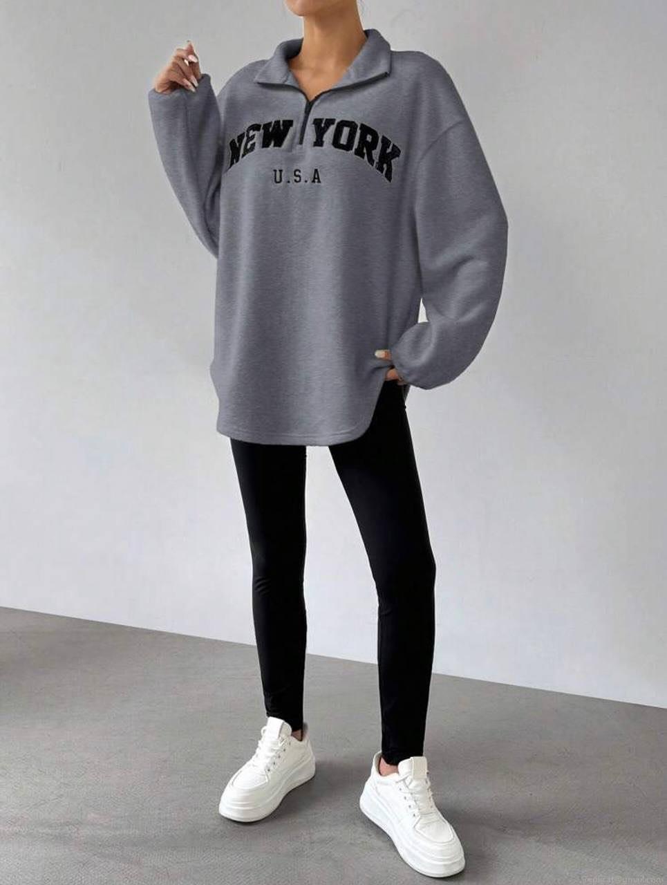 Women's Oversized Polar Fleece Sweatshirt Cotton Blend Letter Embroidery Quarter Zipper Stand Collar Long Sleeve Pullover Streetwear Casual Warm Top