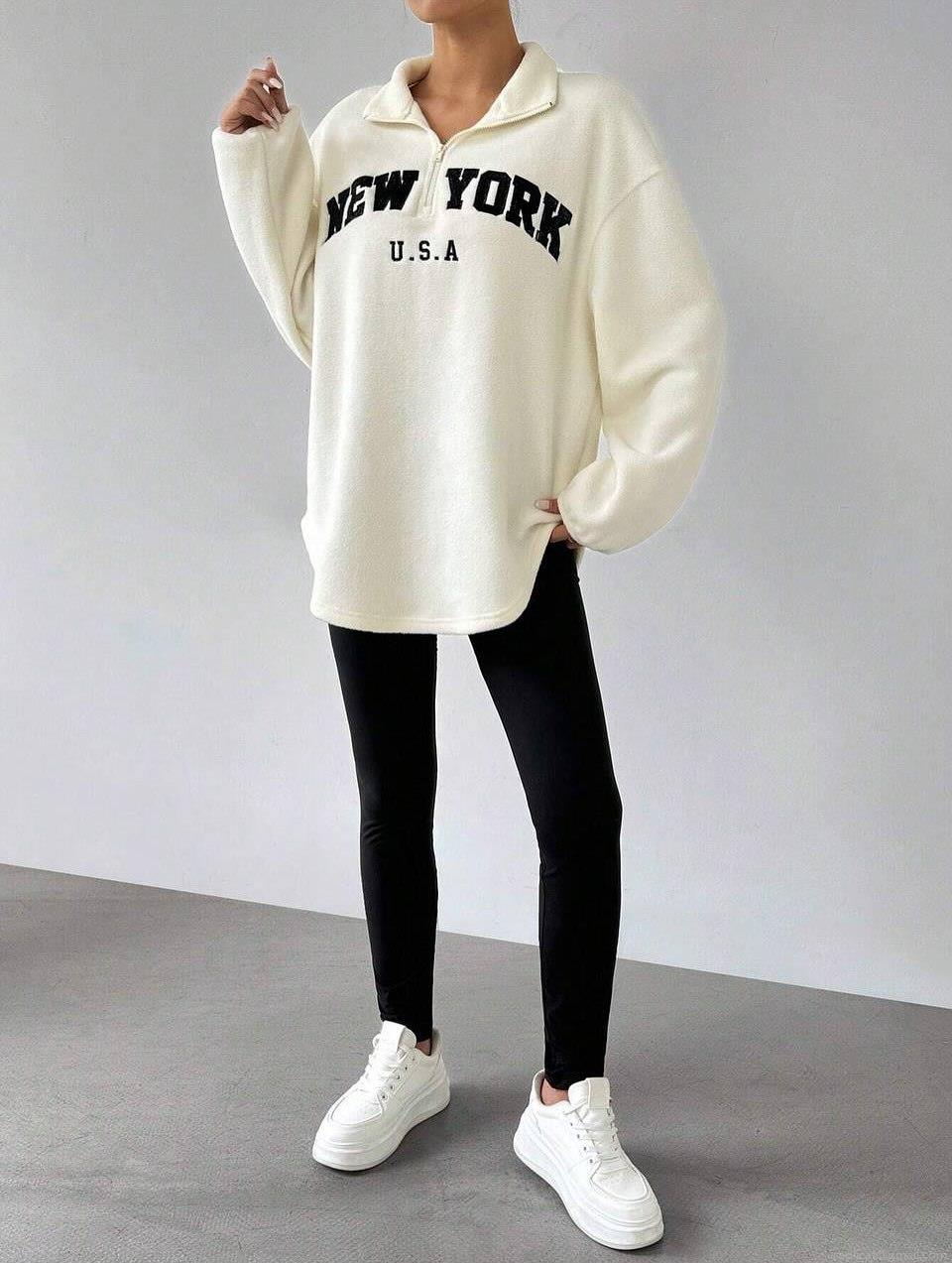 Women's Oversized Polar Fleece Sweatshirt Cotton Blend Letter Embroidery Quarter Zipper Stand Collar Long Sleeve Pullover Streetwear Casual Warm Top