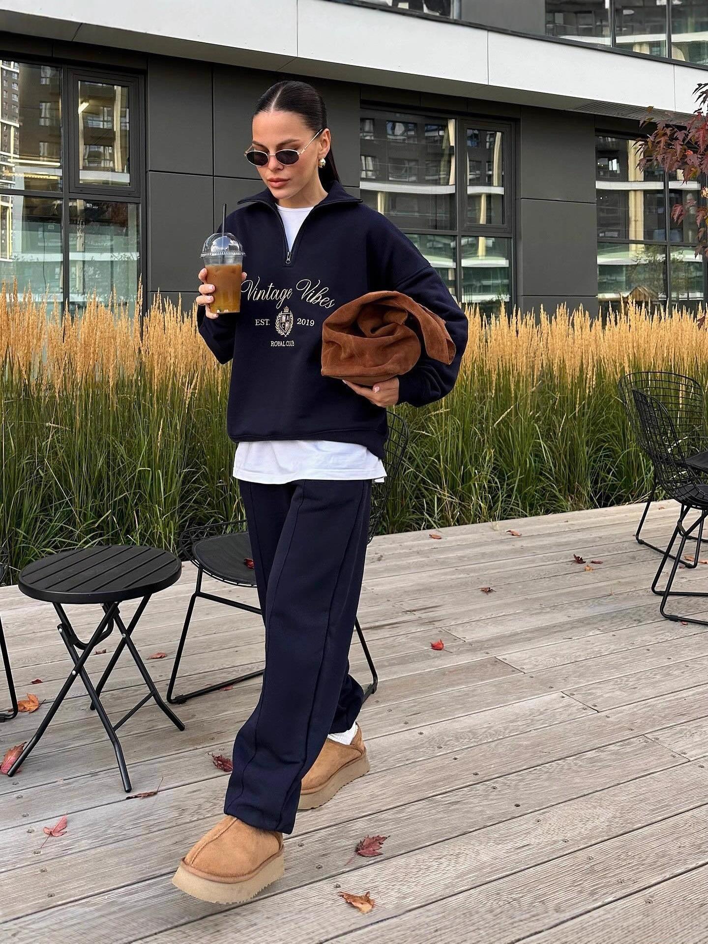 Women's 100% Cotton Half-Zipper Sweatshirt Retro Vintage Vibes Letter Embroidery Loose Long Sleeve Sporty Casual Pullover Top Jacket
