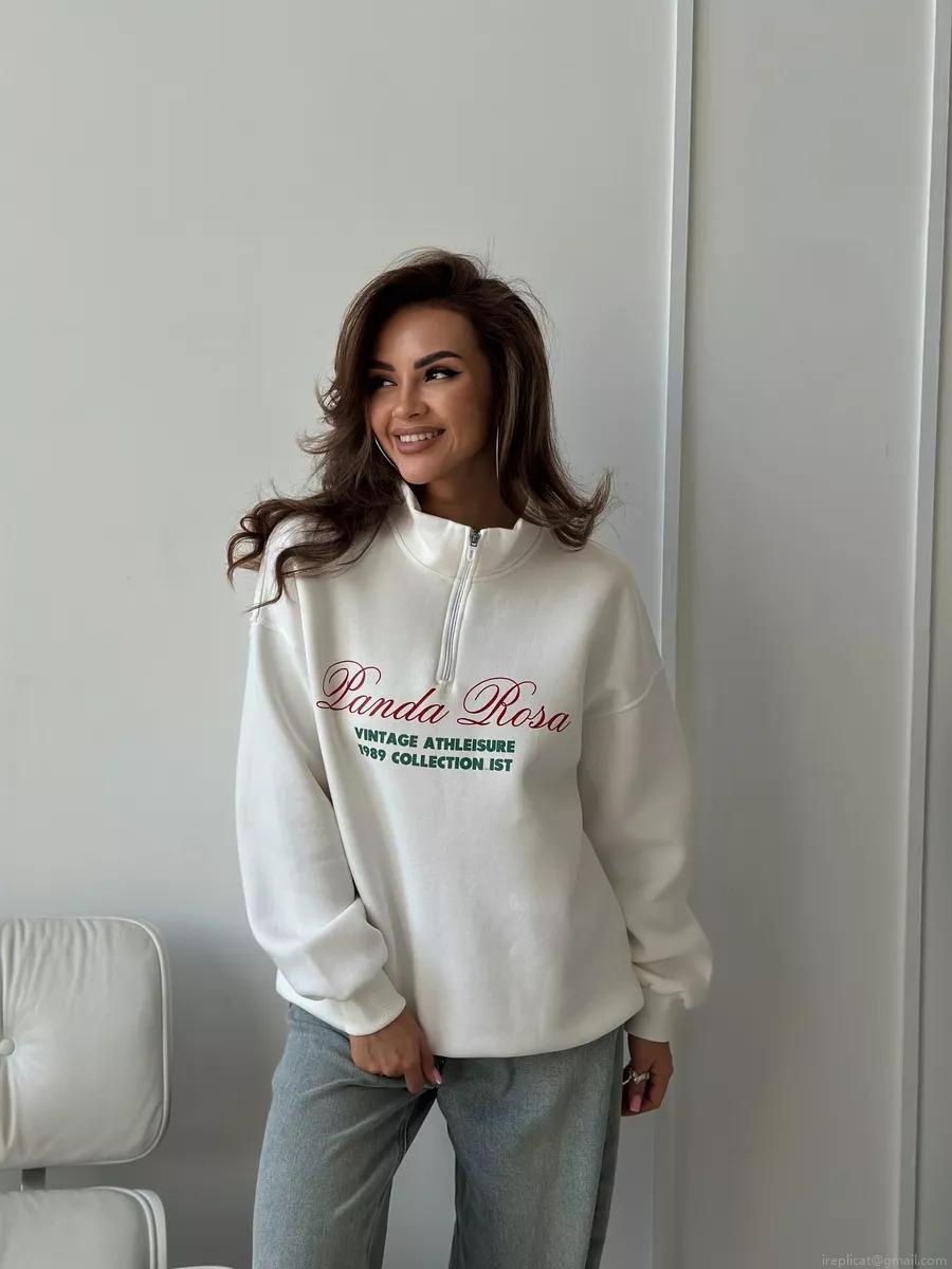 Women's Vintage Athleisure Half-Zip Sweatshirt 100% Cotton Letter Print Long Sleeve Loose Pullover Top White Panda Rosa Design