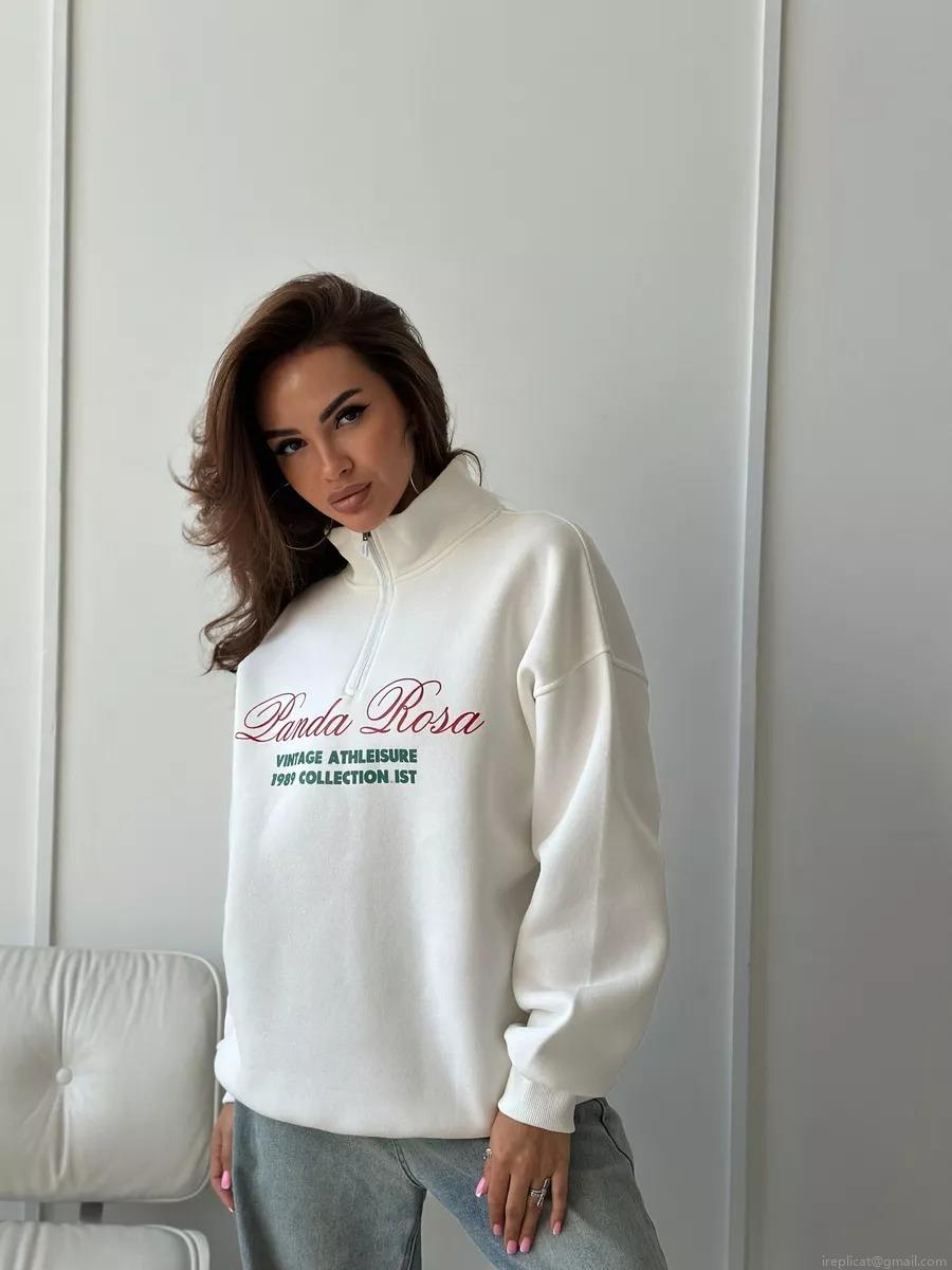 Women's Vintage Athleisure Half-Zip Sweatshirt 100% Cotton Letter Print Long Sleeve Loose Pullover Top White Panda Rosa Design