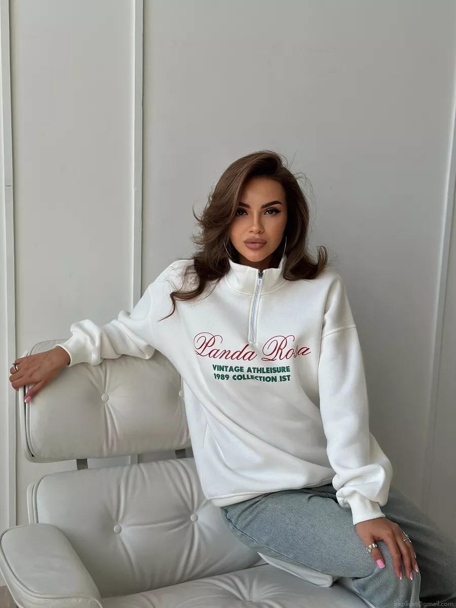 Women's Vintage Athleisure Half-Zip Sweatshirt 100% Cotton Letter Print Long Sleeve Loose Pullover Top White Panda Rosa Design