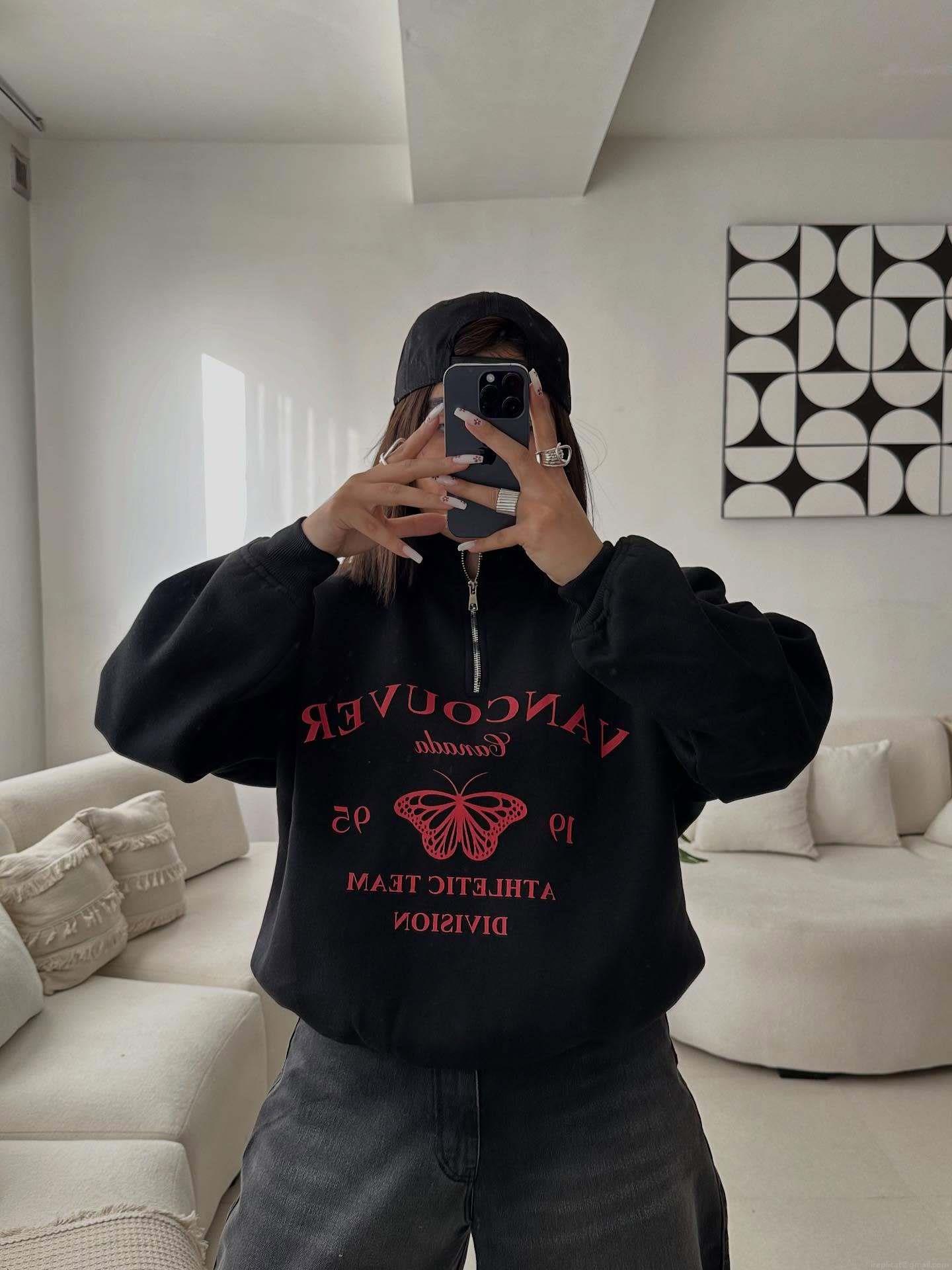 Women's American Vintage Stand Collar Half Zip Sweatshirt 100% Cotton Heavyweight Butterfly Letter Print Loose Long Sleeve Streetwear Top