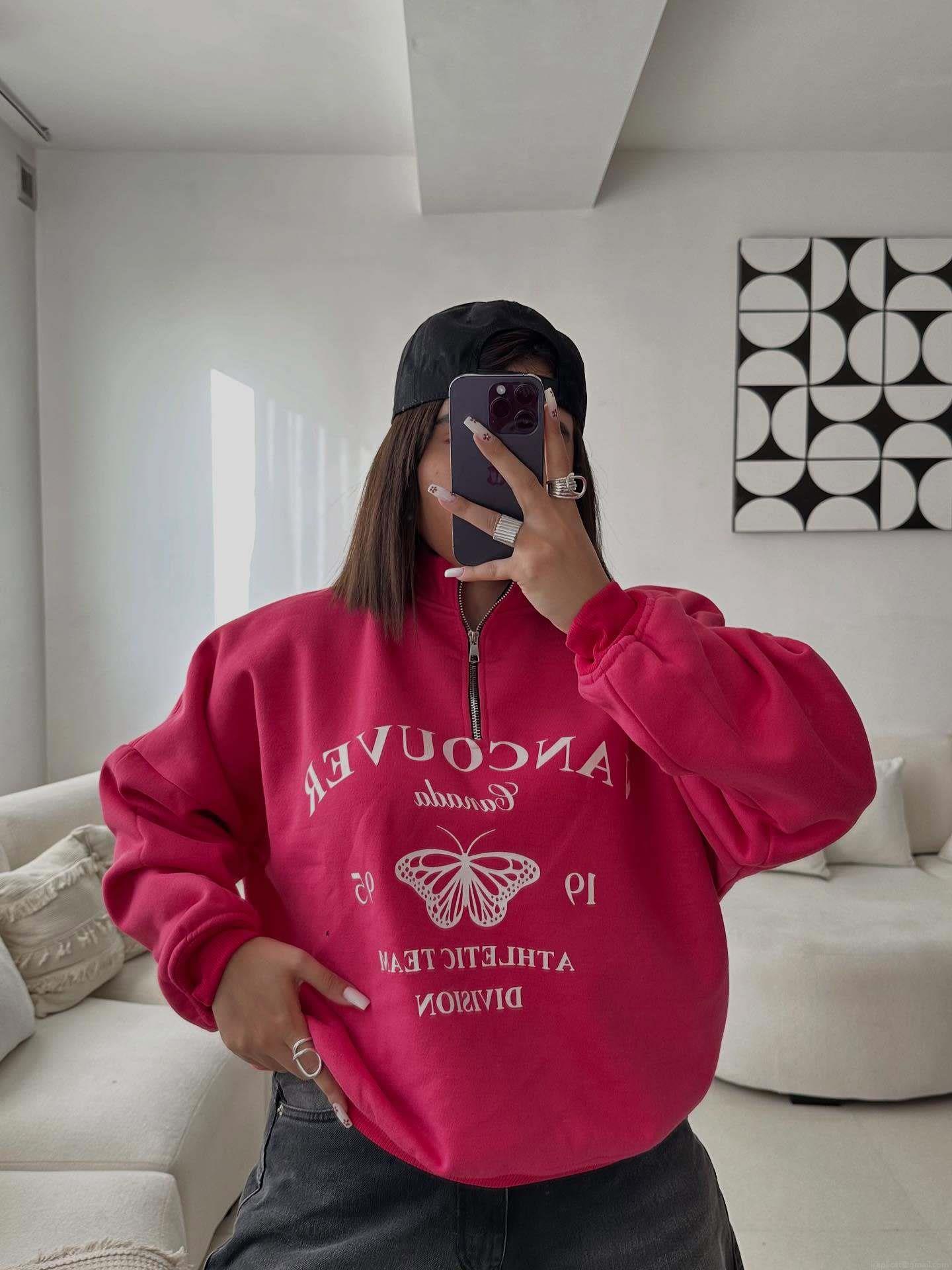 Women's American Vintage Stand Collar Half Zip Sweatshirt 100% Cotton Heavyweight Butterfly Letter Print Loose Long Sleeve Streetwear Top
