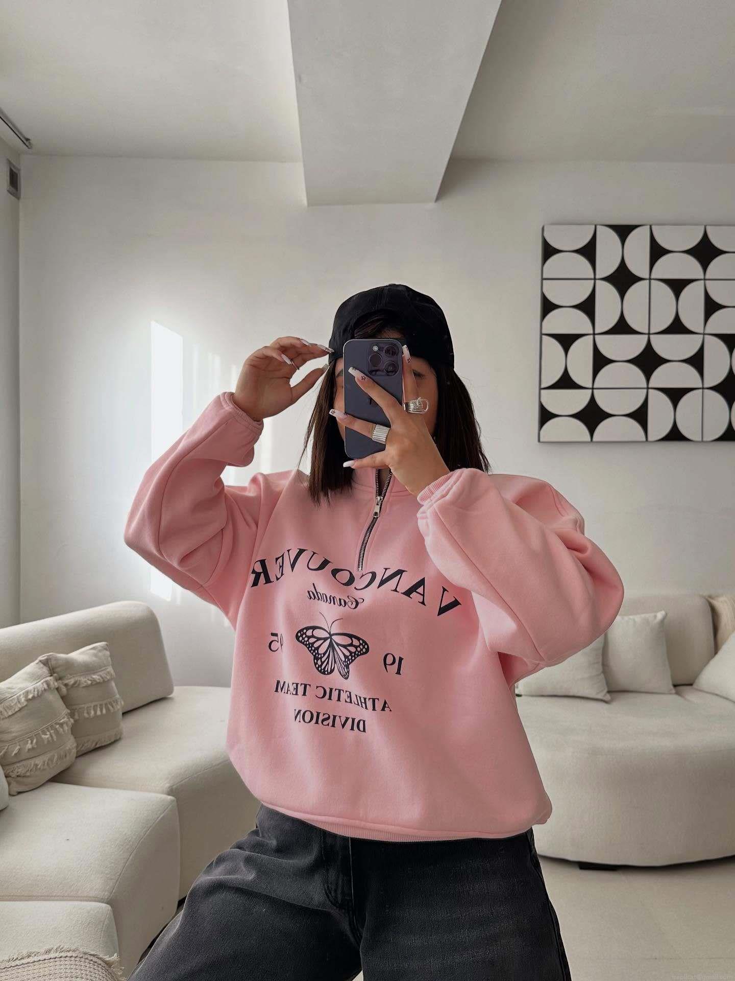 Women's American Vintage Stand Collar Half Zip Sweatshirt 100% Cotton Heavyweight Butterfly Letter Print Loose Long Sleeve Streetwear Top