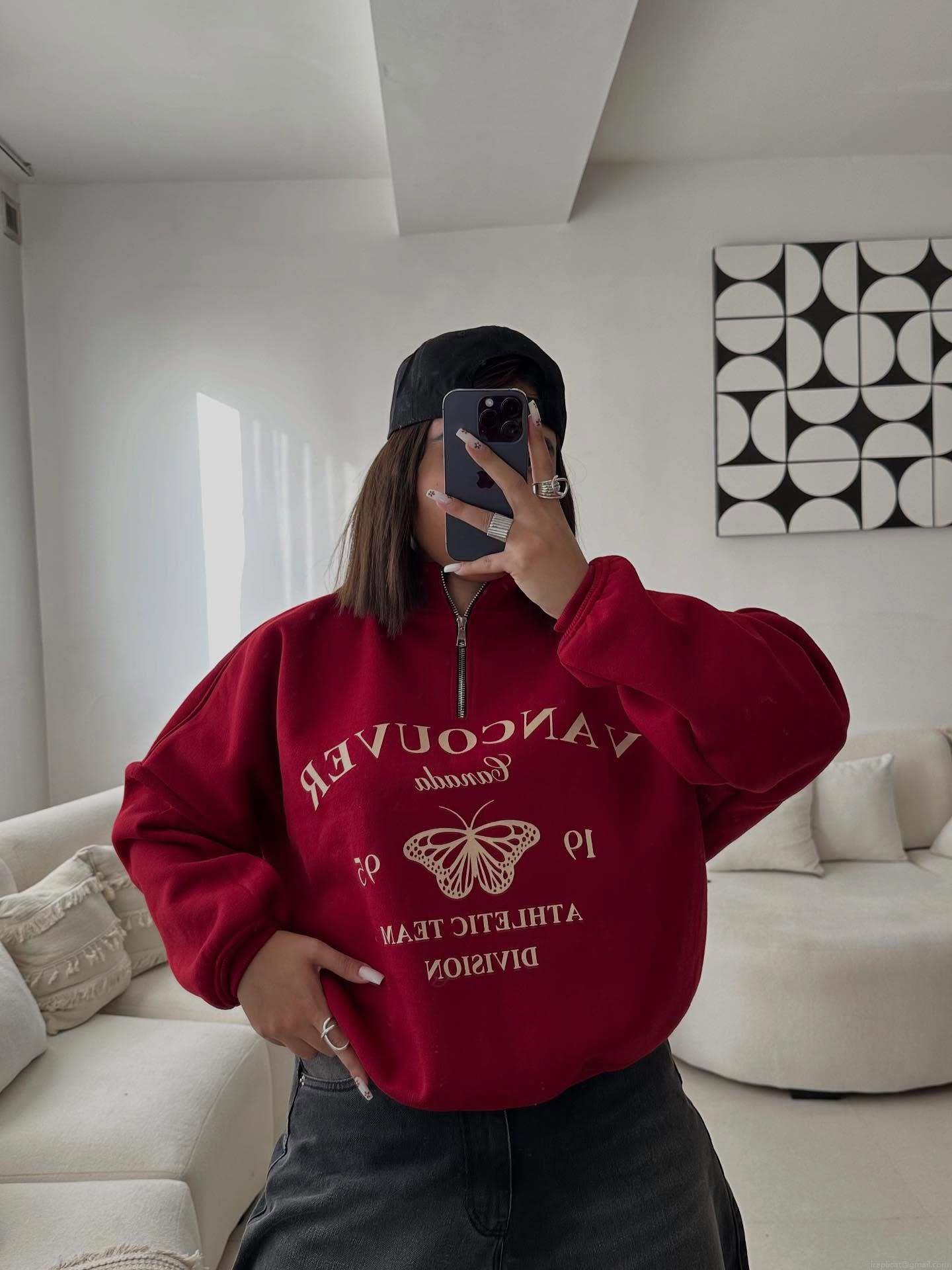 Women's American Vintage Stand Collar Half Zip Sweatshirt 100% Cotton Heavyweight Butterfly Letter Print Loose Long Sleeve Streetwear Top