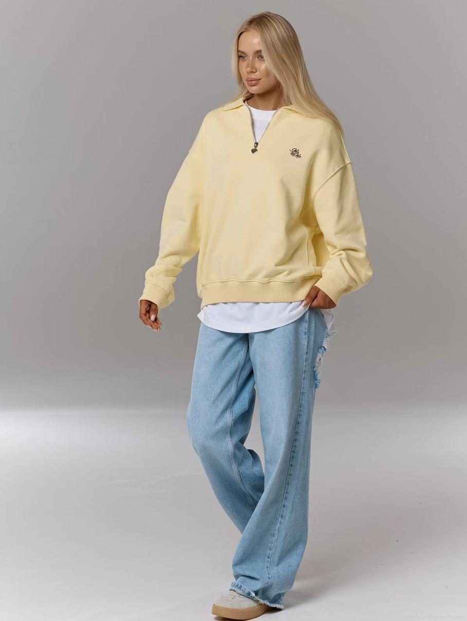 Women's Half-Zip Sweatshirt Cotton French Terry Loose Polo Collar Long Sleeve Pullover Letter Embroidery Streetwear Casual Jumper Top For Women