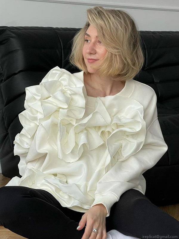 Women's Sweet Ruffle Long Sleeve Sweatshirt Elegant Heart Shape Satin Patchwork Pullover Casual Round Neck Loose Knit Top