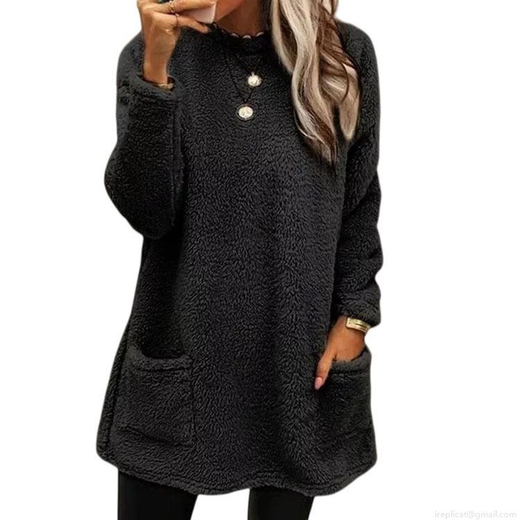 Women's Casual Sherpa Fleece Sweatshirt Long Sleeve Pocket Cotton Blend Pullover Warm Loose Fit Solid Color Autumn Winter Top Clothing