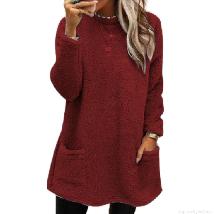 Women's Casual Sherpa Fleece Sweatshirt Long Sleeve Pocket Cotton Blend Pullover Warm Loose Fit Solid Color Autumn Winter Top Clothing