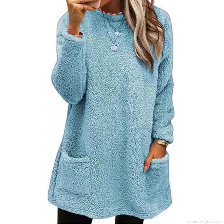 Women's Casual Sherpa Fleece Sweatshirt Long Sleeve Pocket Cotton Blend Pullover Warm Loose Fit Solid Color Autumn Winter Top Clothing