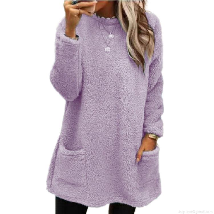 Women's Casual Sherpa Fleece Sweatshirt Long Sleeve Pocket Cotton Blend Pullover Warm Loose Fit Solid Color Autumn Winter Top Clothing