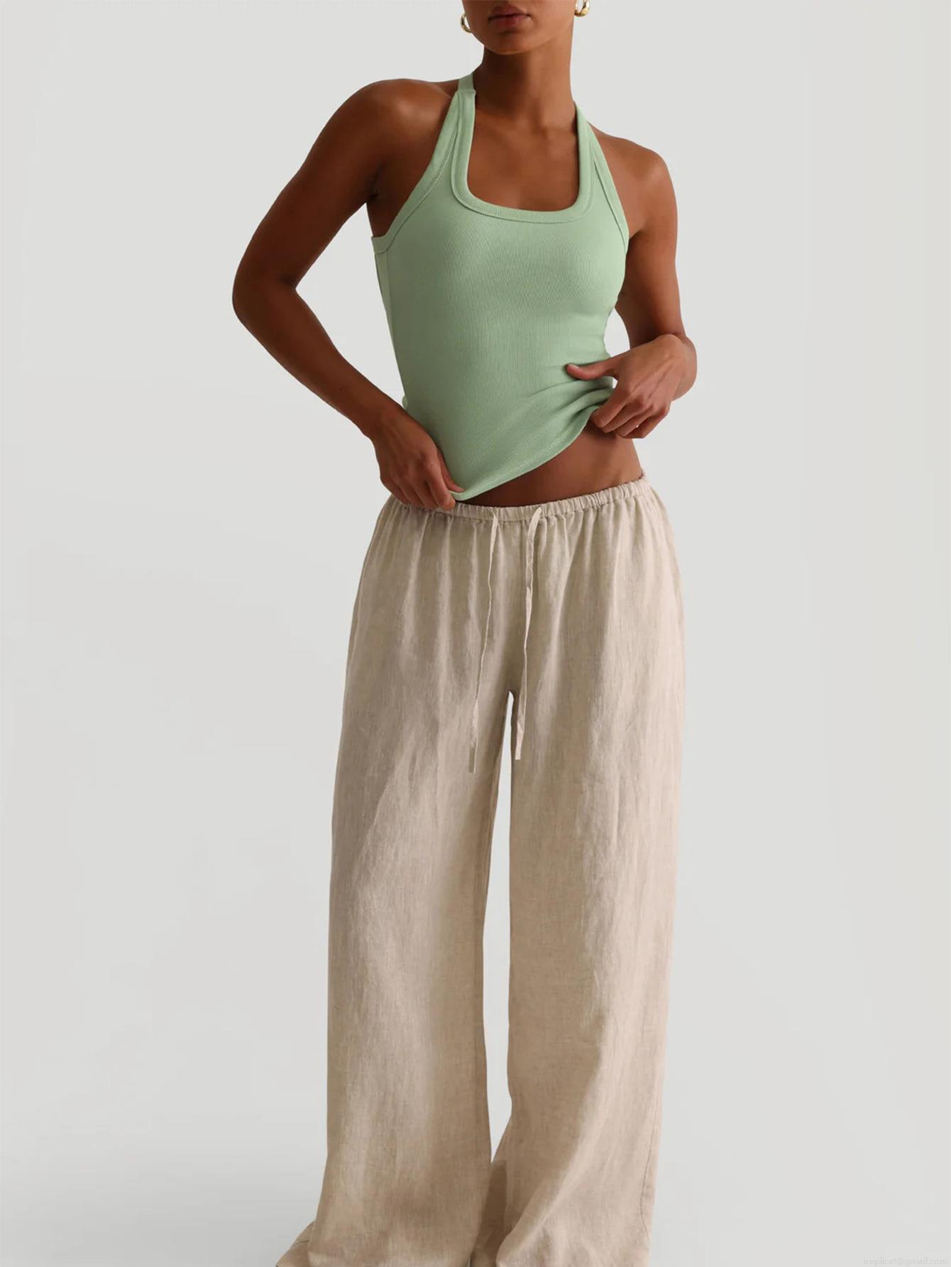 Women's Halter Neck Tank Top Ribbed Knit Slim Fit Camisole Y2K Yoga Crop Top Sexy Backless Summer Casual Vest Sleeveless Top