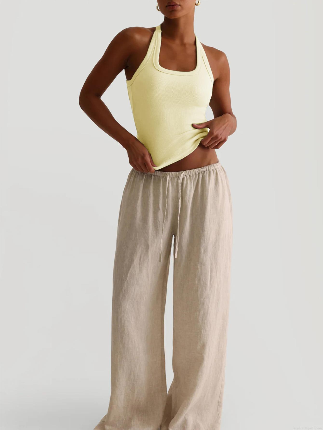 Women's Halter Neck Tank Top Ribbed Knit Slim Fit Camisole Y2K Yoga Crop Top Sexy Backless Summer Casual Vest Sleeveless Top