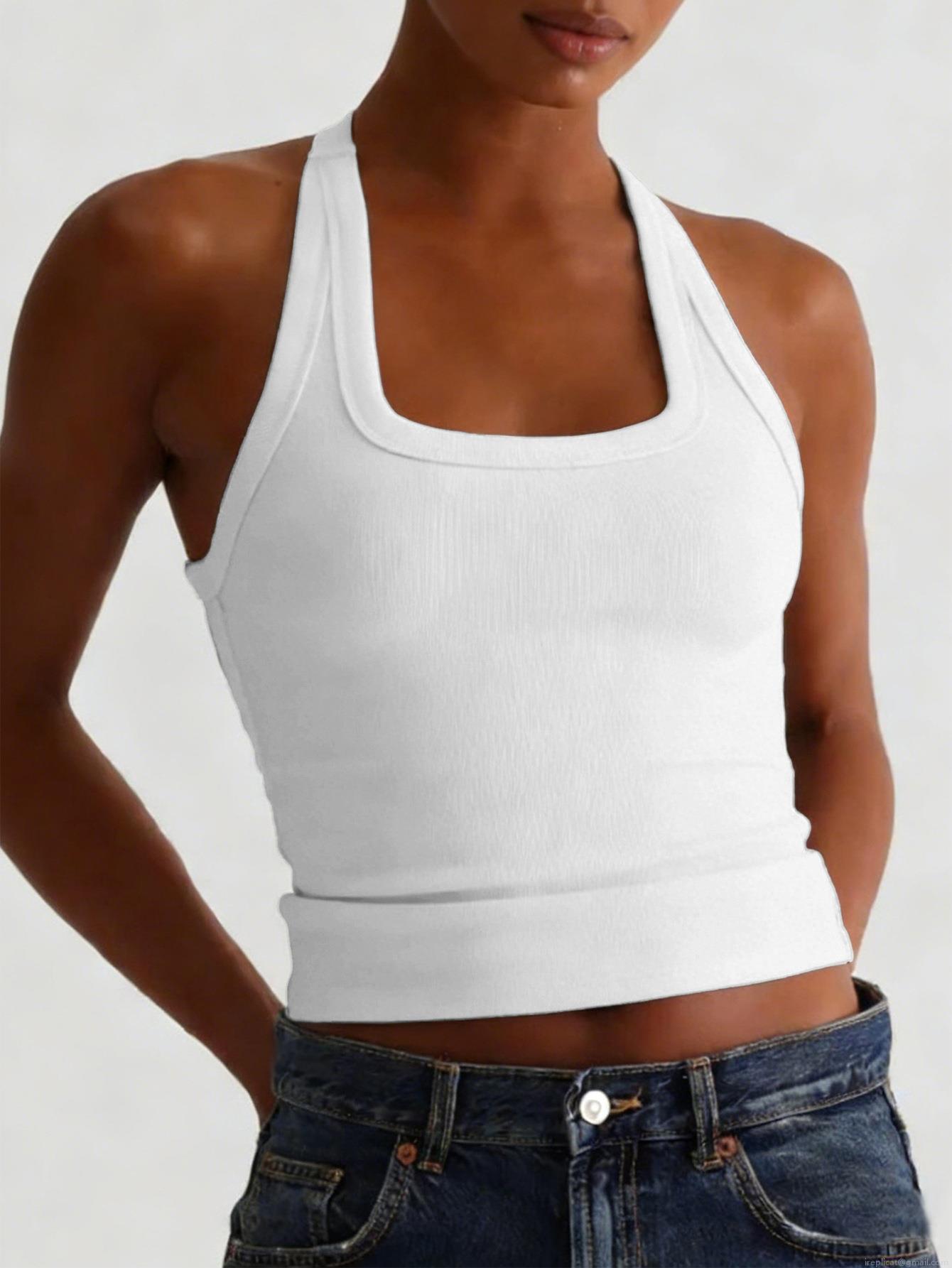 Women's Halter Neck Tank Top Ribbed Knit Slim Fit Camisole Y2K Yoga Crop Top Sexy Backless Summer Casual Vest Sleeveless Top