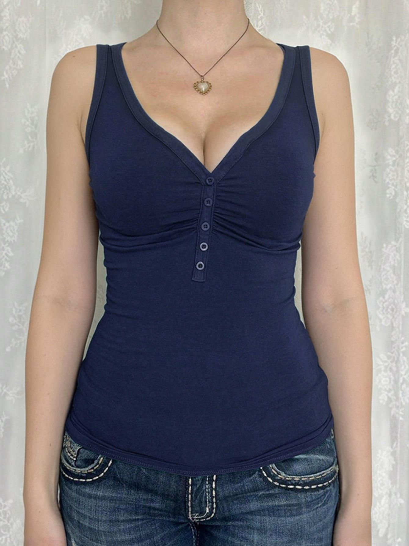 Women's Sexy V Neck Ribbed Tank Top Viscose Spandex Slim Fit Henley Shirt With Buttons Ruched Casual Summer Sleeveless Vest Top For Women