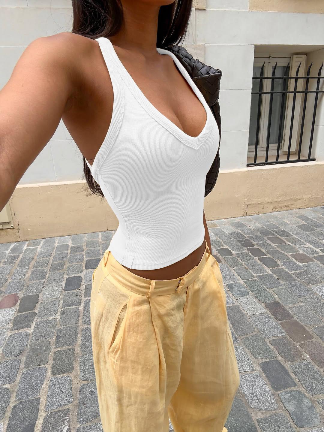 Women's Ribbed Knit Tank Top Sexy V Neck Criss Cross Back Cami Shirt Viscose Blend Slim Fit Y2K Sleeveless Summer Beach Vacation Top
