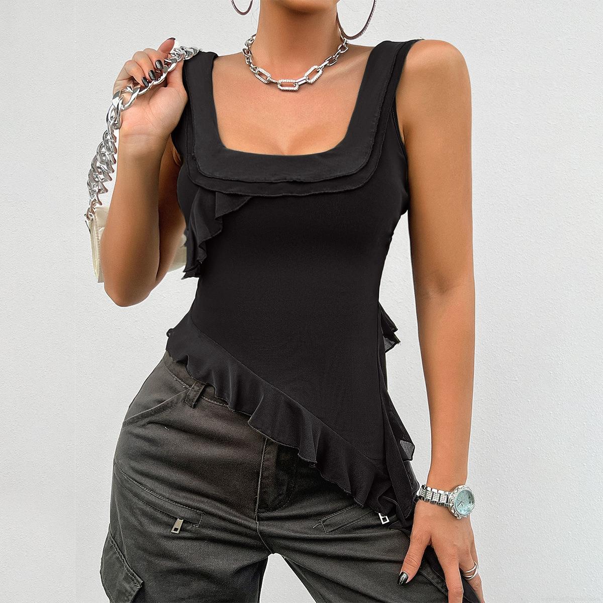 Women's Y2K Ruffle Mesh Camisole Top Elegant Square Neck Asymmetric Hem Sleeveless Slim Fit Polyester Spandex Sexy Summer Tank Top for Ladies Streetwear