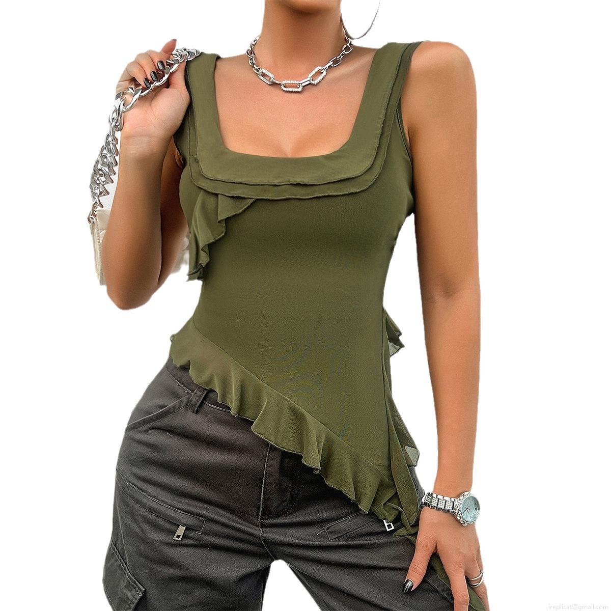 Women's Y2K Ruffle Mesh Camisole Top Elegant Square Neck Asymmetric Hem Sleeveless Slim Fit Polyester Spandex Sexy Summer Tank Top for Ladies Streetwear