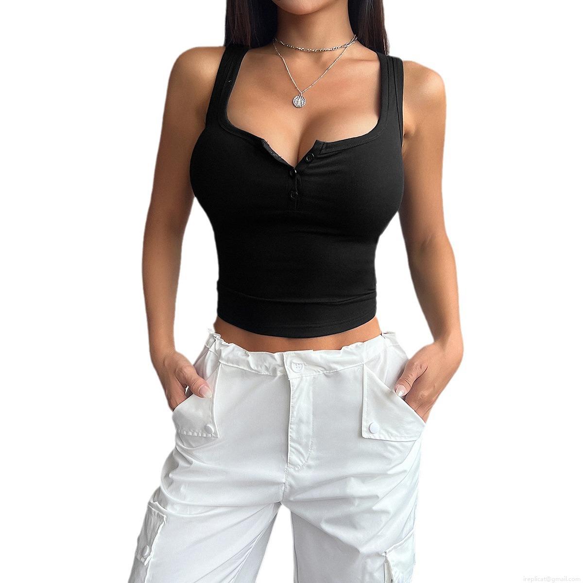 Women's Ribbed Knit Slim Fit Tank Top Henley Button Decor Sleeveless Crop Top Summer Casual Streetwear Camisole For Girls