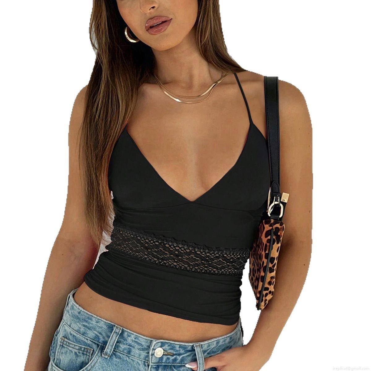 Women's Sexy Y2K Halter Neck Camisole Top Lace Patchwork Hollow Out V Neck Slim Fit Tank Top Sleeveless Polyester Elastane Blend Backless Crop Top