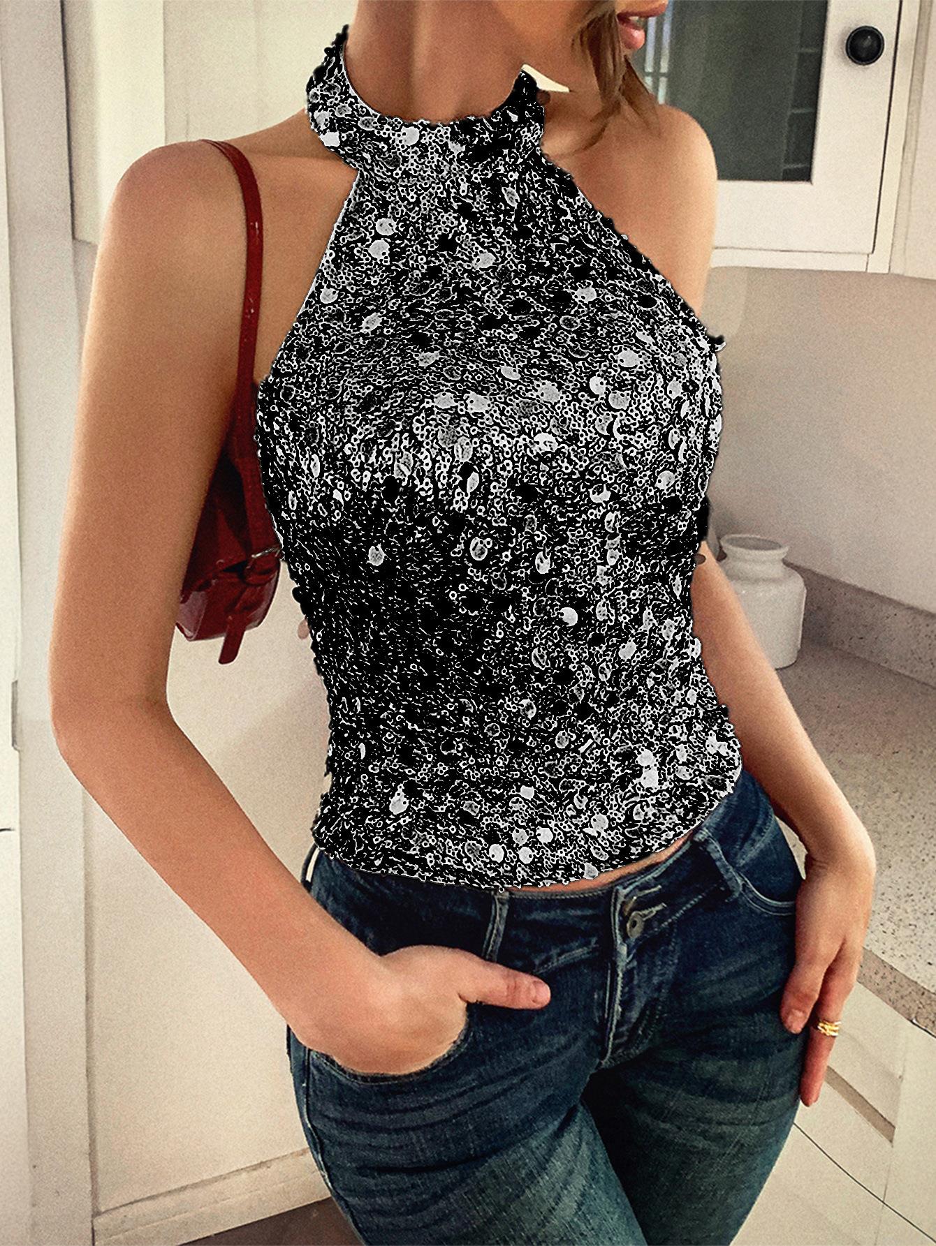 Elegant Women's Halter Sequin Top Sexy Backless Slim Fit Tank Top Sparkling Sleeveless Party Club Camisole For Summer