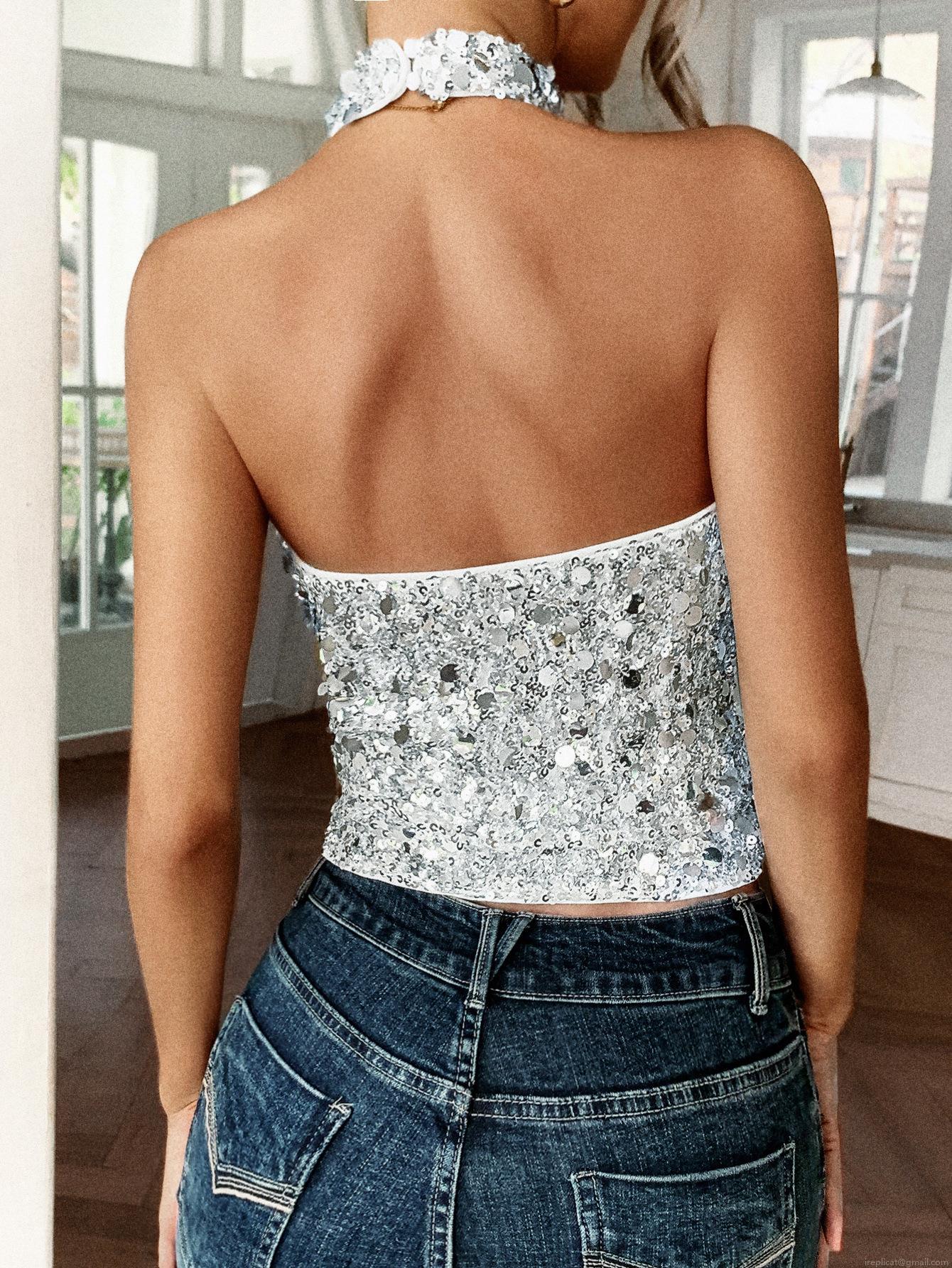Elegant Women's Halter Sequin Top Sexy Backless Slim Fit Tank Top Sparkling Sleeveless Party Club Camisole For Summer