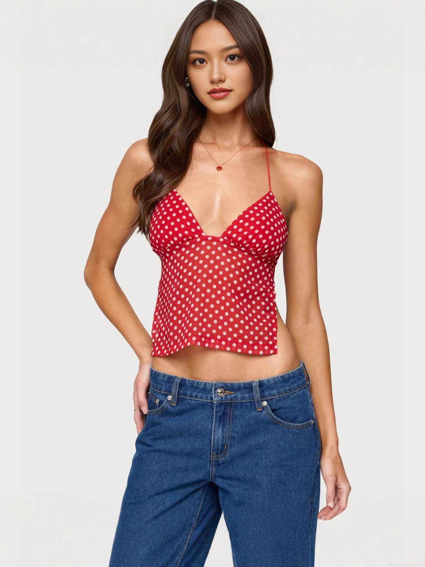 Women's Sexy Polka Dot Halter Neck Top Backless Lace-Up Chiffon Tank Top Sleeveless Irregular Crop Top For Summer Streetwear Party