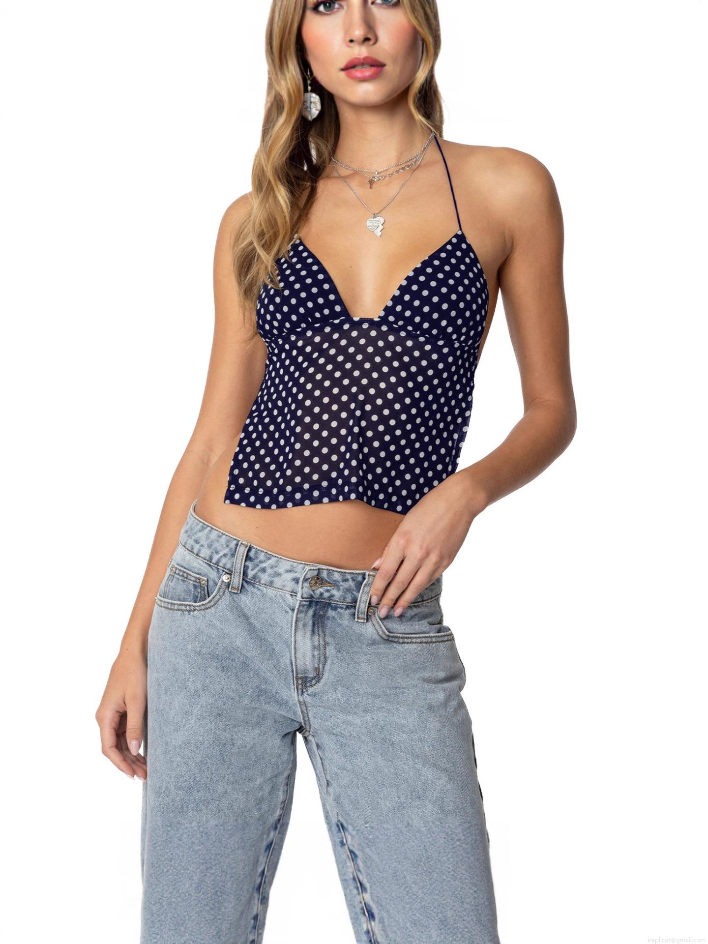 Women's Sexy Polka Dot Halter Neck Top Backless Lace-Up Chiffon Tank Top Sleeveless Irregular Crop Top For Summer Streetwear Party