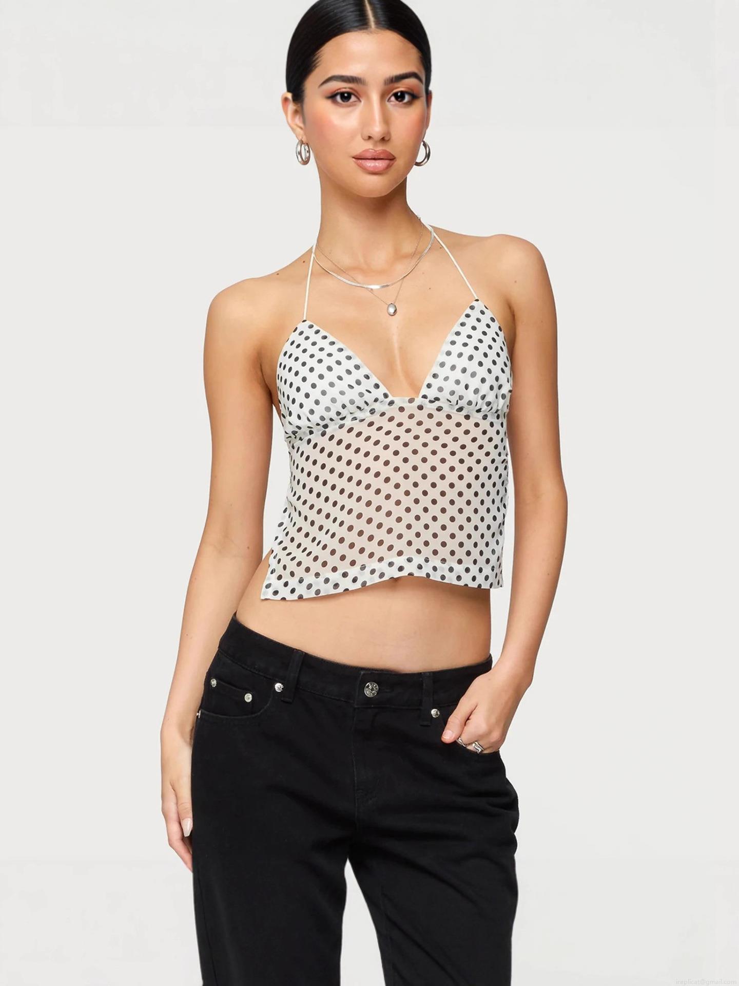 Women's Sexy Polka Dot Halter Neck Top Backless Lace-Up Chiffon Tank Top Sleeveless Irregular Crop Top For Summer Streetwear Party