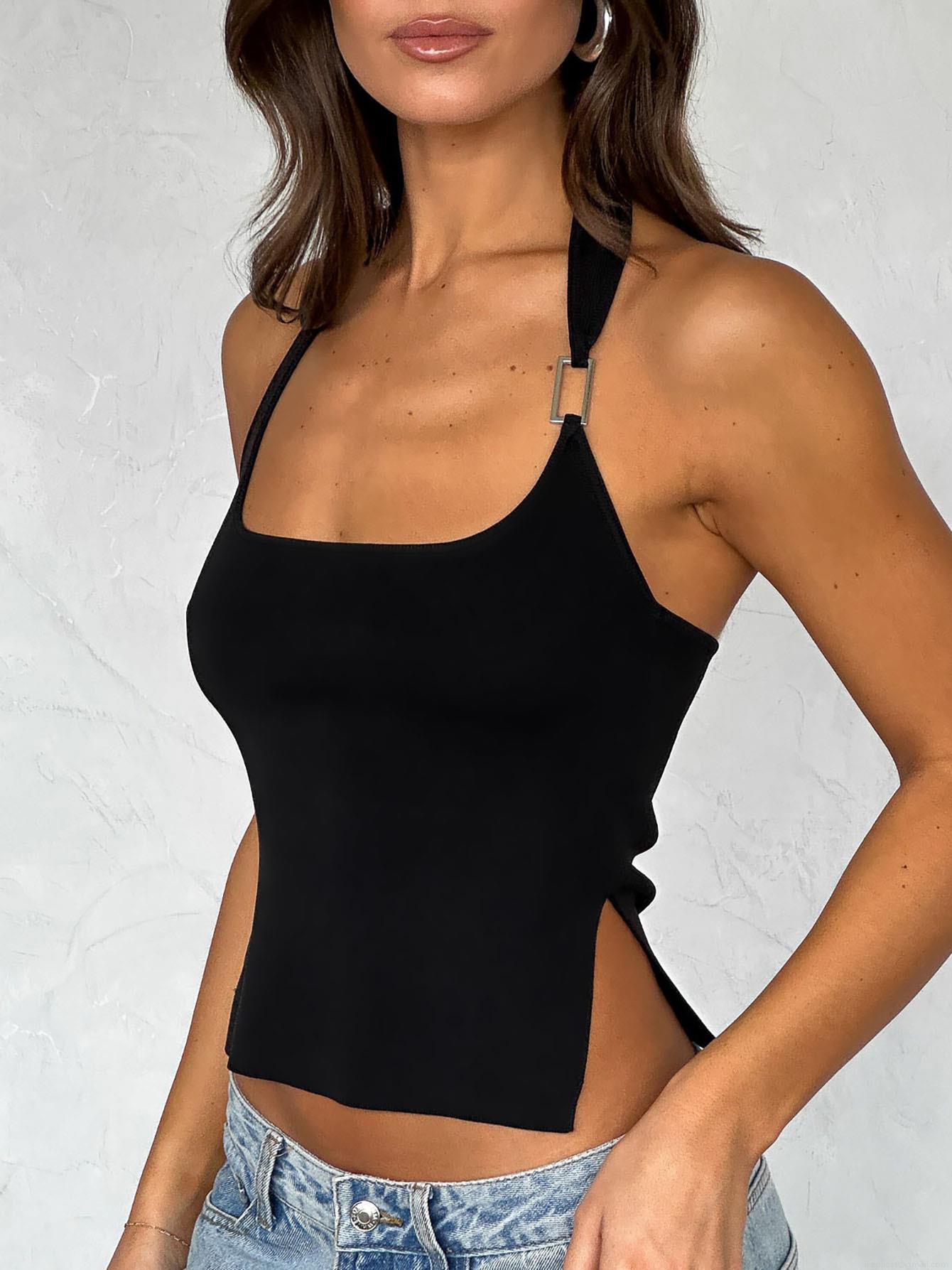 Women's Sexy Halter Tank Top Metal Buckle Decor Side Slit Slim Fit Solid Sleeveless Camisole Crop Top For Clubwear Party Streetwear Summer