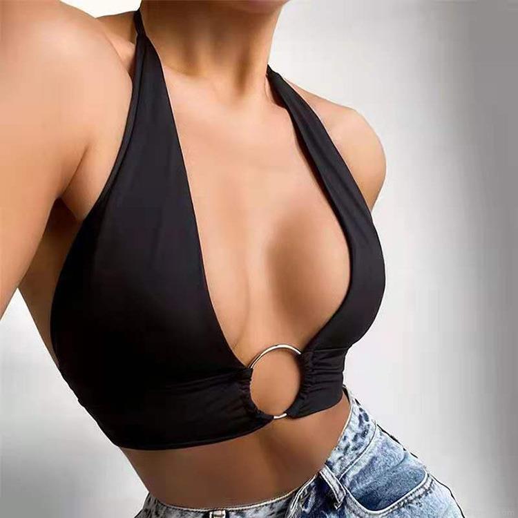 Women's Sexy Halter Crop Top Polyester Spandex Deep V Neck Backless Vest With Metal Ring Solid Color Streetwear Clubwear Y2K Tank Top For Summer Party