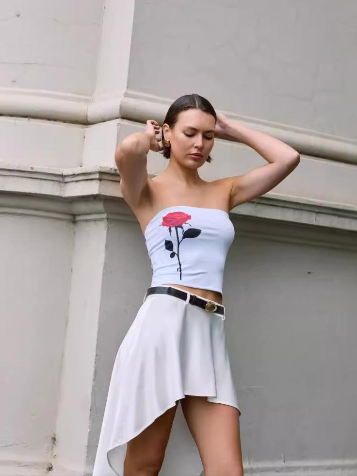 Women Sexy Rose Print Tube Top Strapless Polyester Elastane Milk Silk Blend Navel-Baring Slim Fit Short Camisole For Summer Party Streetwear