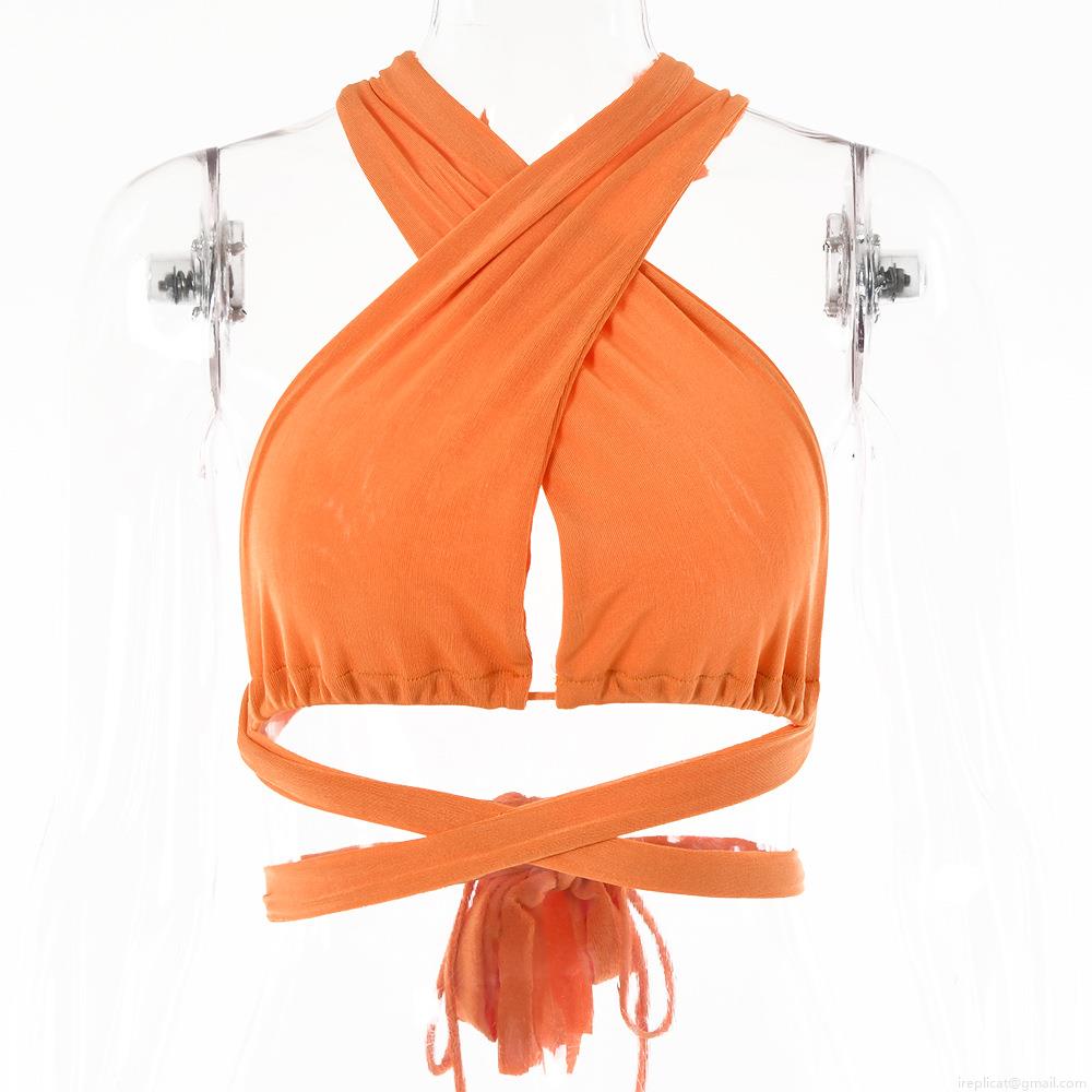 Women's Sexy Halter Neck Wrap Crop Top Backless Crisscross Tie Up Sleeveless Solid Color Polyester Shirt For Summer Clubwear Party Streetwear