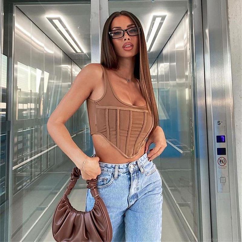 Women's Sexy Mesh Patchwork Fishbone Corset Crop Top Square Neck Sleeveless Slim Fit Tank Top Spice Girl Streetwear Party Clubwear Summer Fall