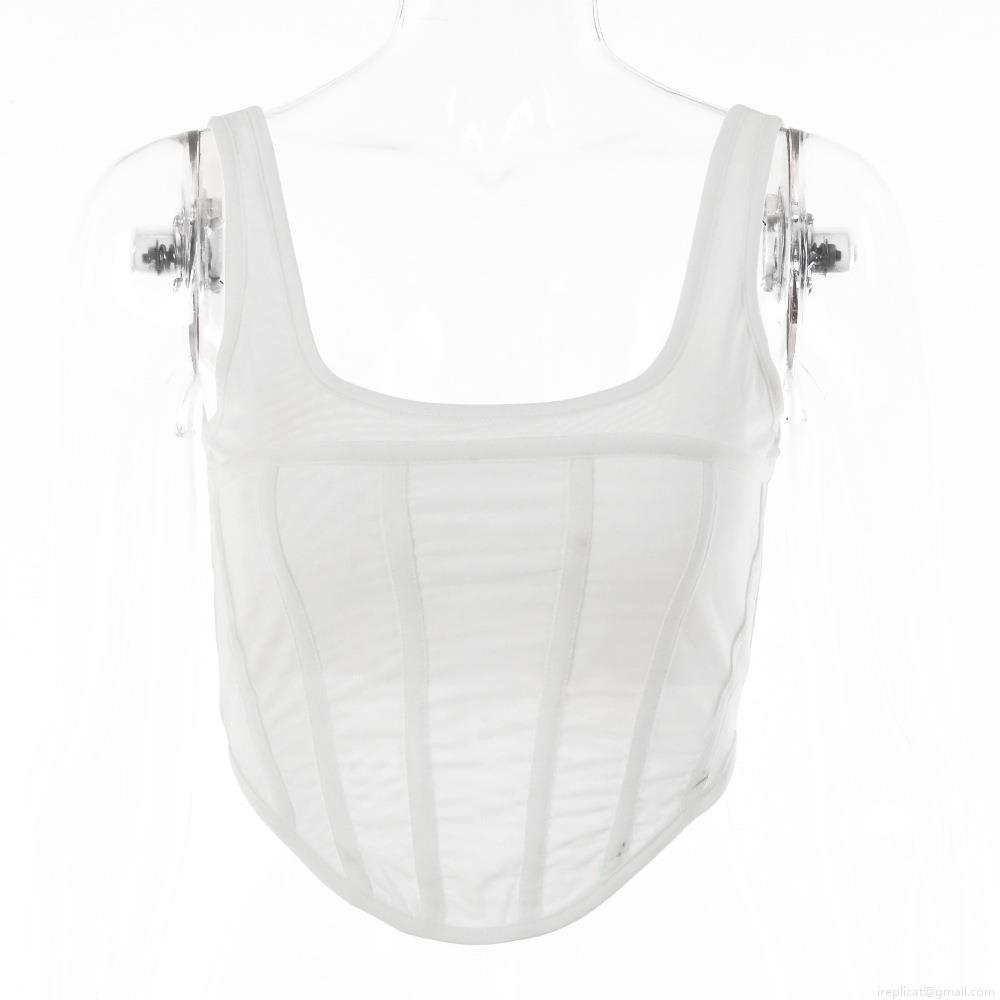 Women's Sexy Mesh Patchwork Fishbone Corset Crop Top Square Neck Sleeveless Slim Fit Tank Top Spice Girl Streetwear Party Clubwear Summer Fall