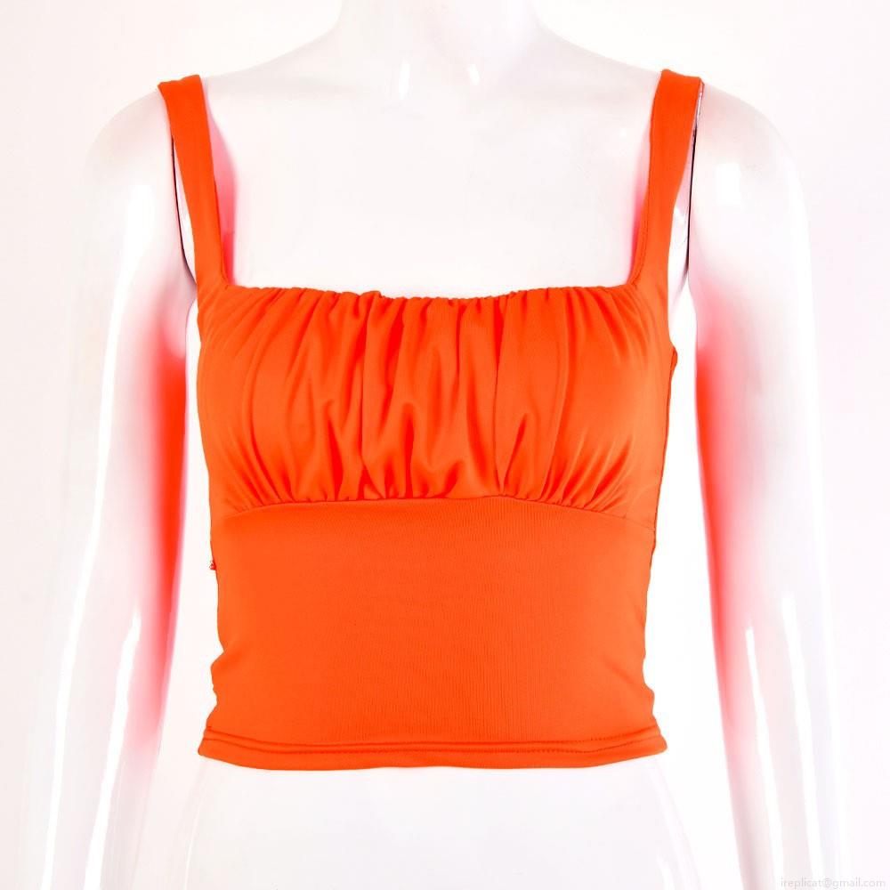 French Style Sexy Women Camisole Pleated Square Neck Sleeveless Crop Top Polyester Backless Slim Fit Tank Top For Summer Beach Party Streetwear
