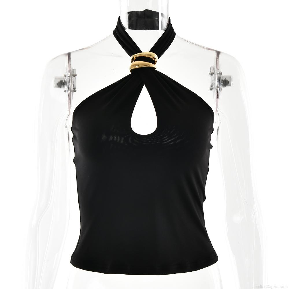 Women's Sexy Halter Neck Crop Top Hollow Out Keyhole Backless Slim Fit Tank Top With Metal Ring Milk Silk Fabric Summer Streetwear Clubwear Solid Color Tops