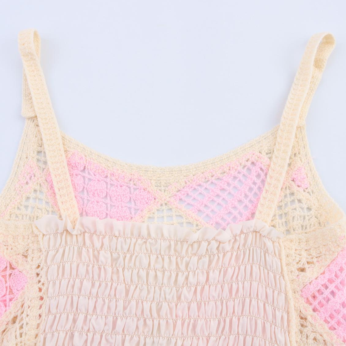 Women's Crochet Knit Sling Top Hollow Diamond Lattice Camisole With Tassel Pompoms Bohemian Style Summer Short Knit Vest