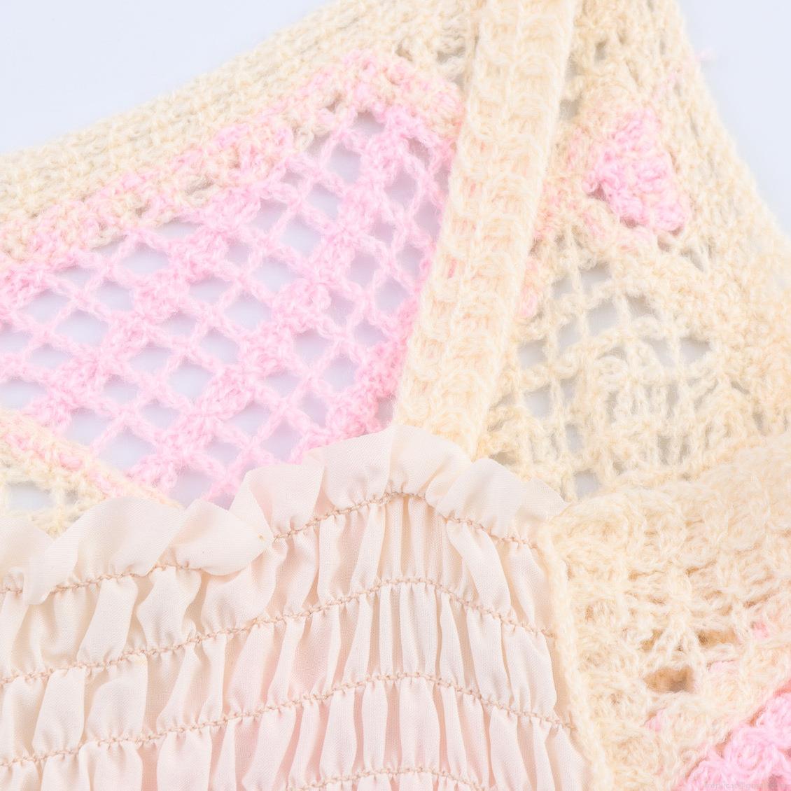 Women's Crochet Knit Sling Top Hollow Diamond Lattice Camisole With Tassel Pompoms Bohemian Style Summer Short Knit Vest