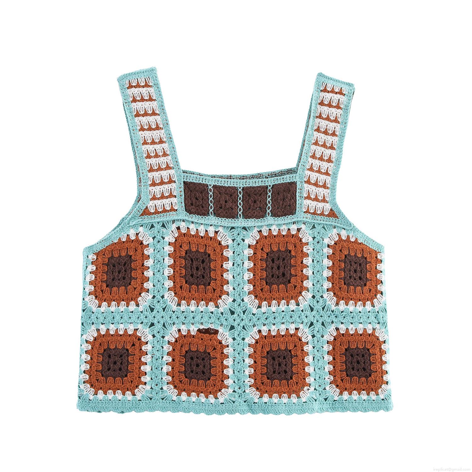 Women's Crochet Knit Tank Top Granny Square Bohemian Sleeveless Crop Cami For Vacation Summer Party Vintage Hollow Out Contrast Color Fashion Vest