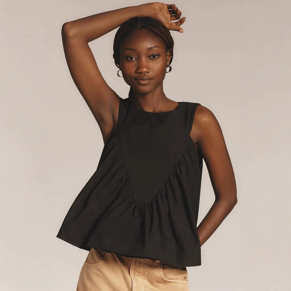Women's Casual Sleeveless Tank Top Round Neck Pleated Stitching Polyester Summer Loose Vest Comfortable Daily Fashion Top for Women