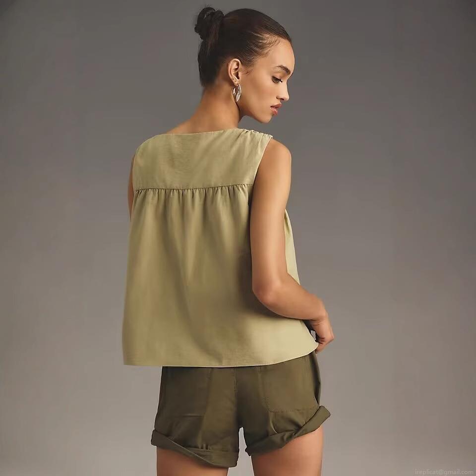 Women's Casual Sleeveless Tank Top Round Neck Pleated Stitching Polyester Summer Loose Vest Comfortable Daily Fashion Top for Women