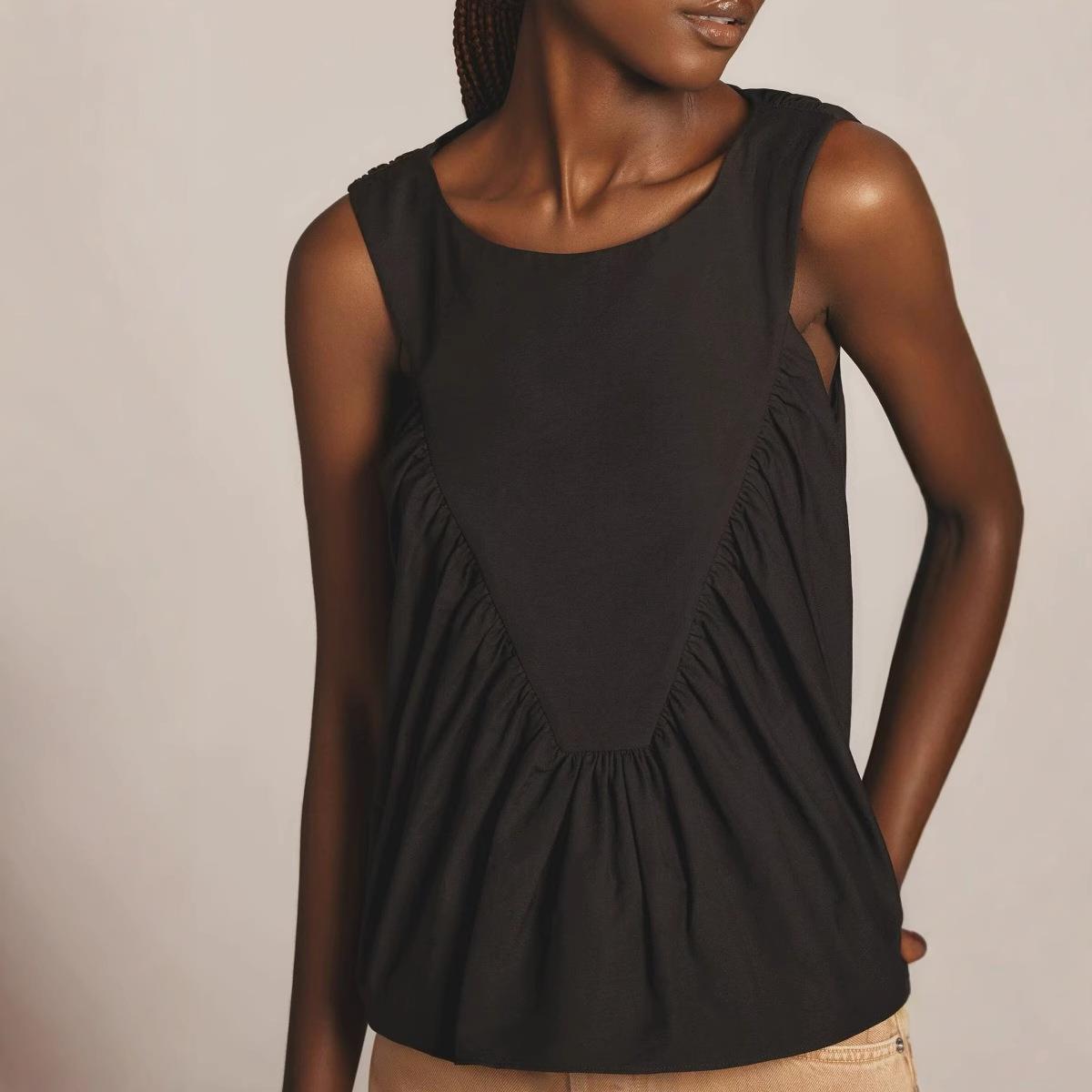 Women's Casual Sleeveless Tank Top Round Neck Pleated Stitching Polyester Summer Loose Vest Comfortable Daily Fashion Top for Women